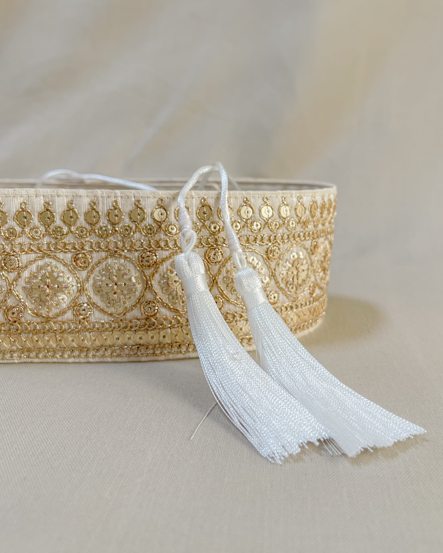 Off-white bohemian embroidered obi belt with tassels