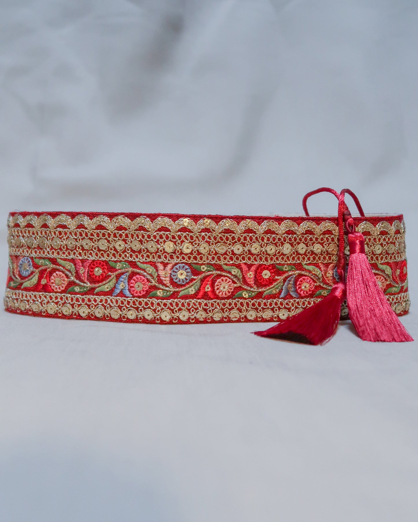 Red bohemian embroidered obi belt with tassels