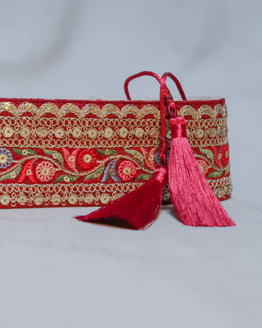 Red bohemian embroidered obi belt with tassels