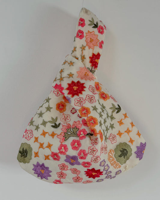Handmade Embroidered Knot Bag | White garden