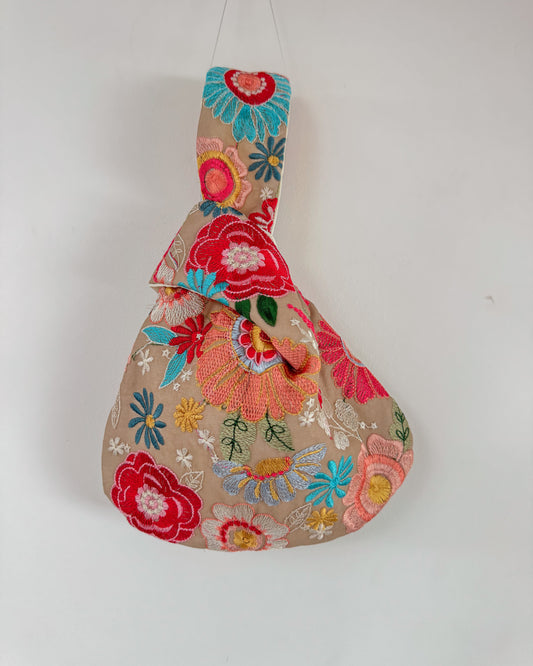 Handmade Embroidered Knot Bag | Beige garden