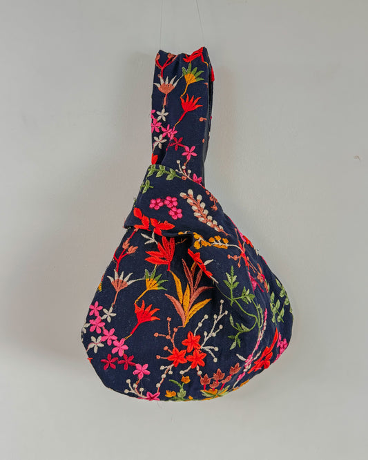 Handmade Embroidered Knot Bag | Black garden