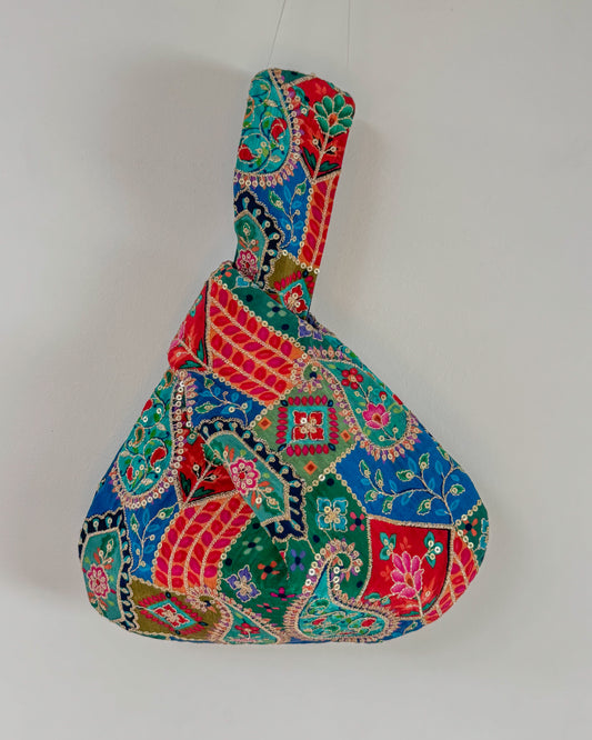 Handmade Embroidered Knot Bag | Paisley blue