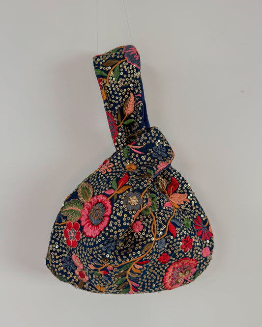 Handmade Embroidered Knot Bag | Blue and gold