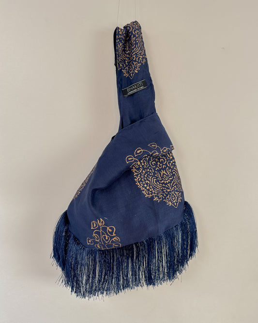 Handmade Embroidered Knot Bag | Blue and gold block print