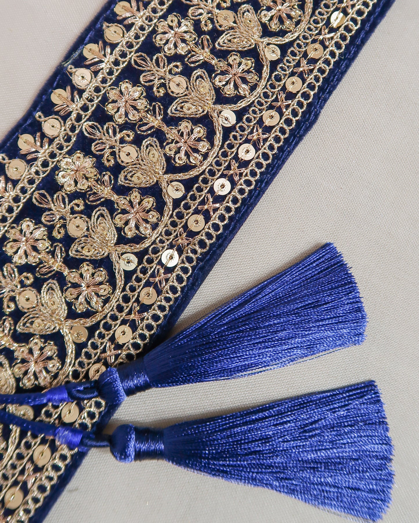 Velvet blue bohemian embroidered obi belt with tassels