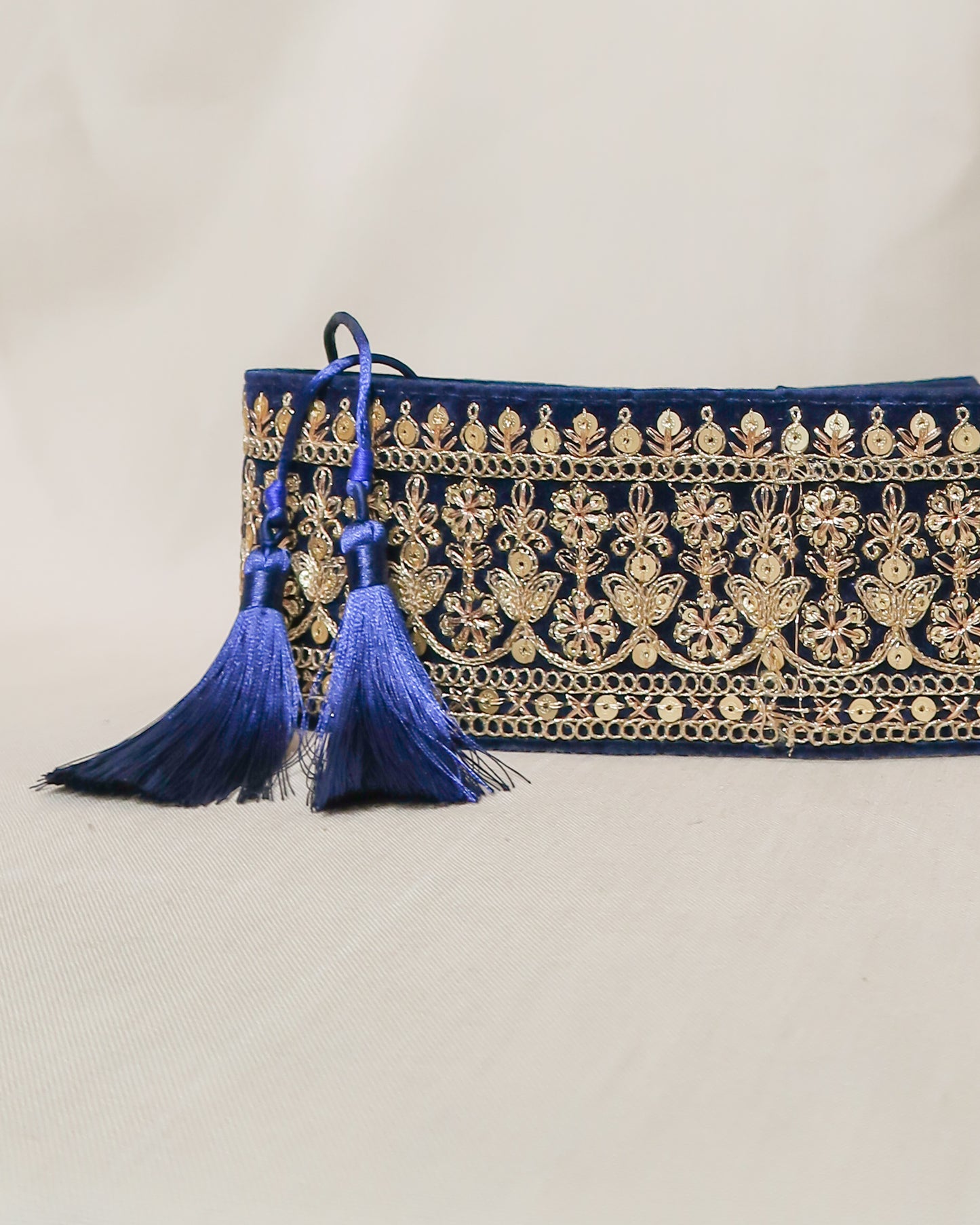 Velvet blue bohemian embroidered obi belt with tassels