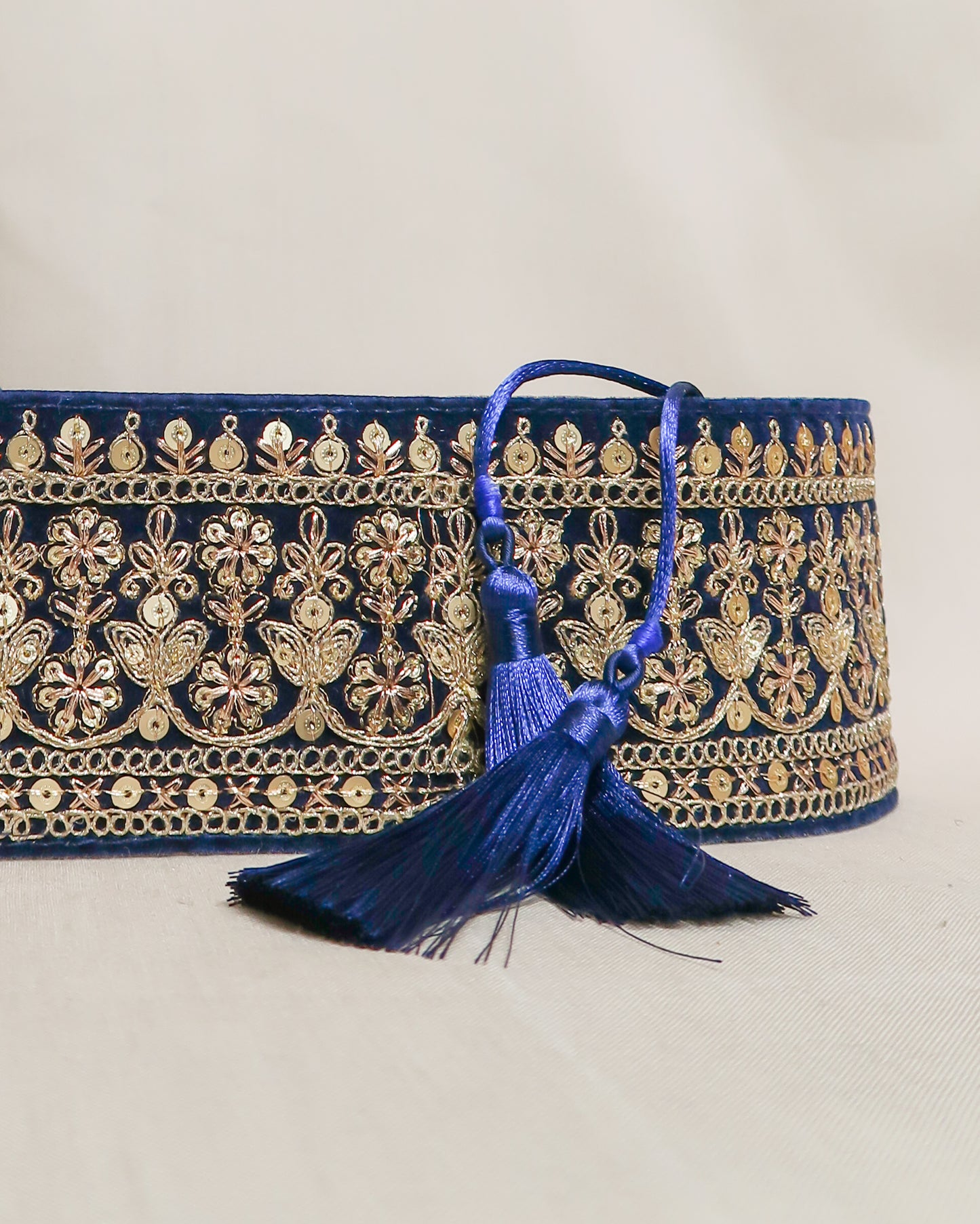 Velvet blue bohemian embroidered obi belt with tassels