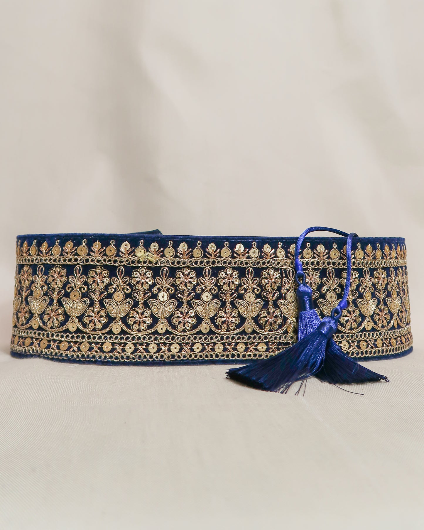 Velvet blue bohemian embroidered obi belt with tassels