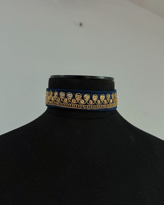 Blue and gold embroidered choker