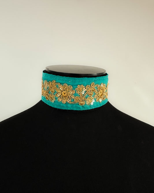 Blue-green embroidered choker