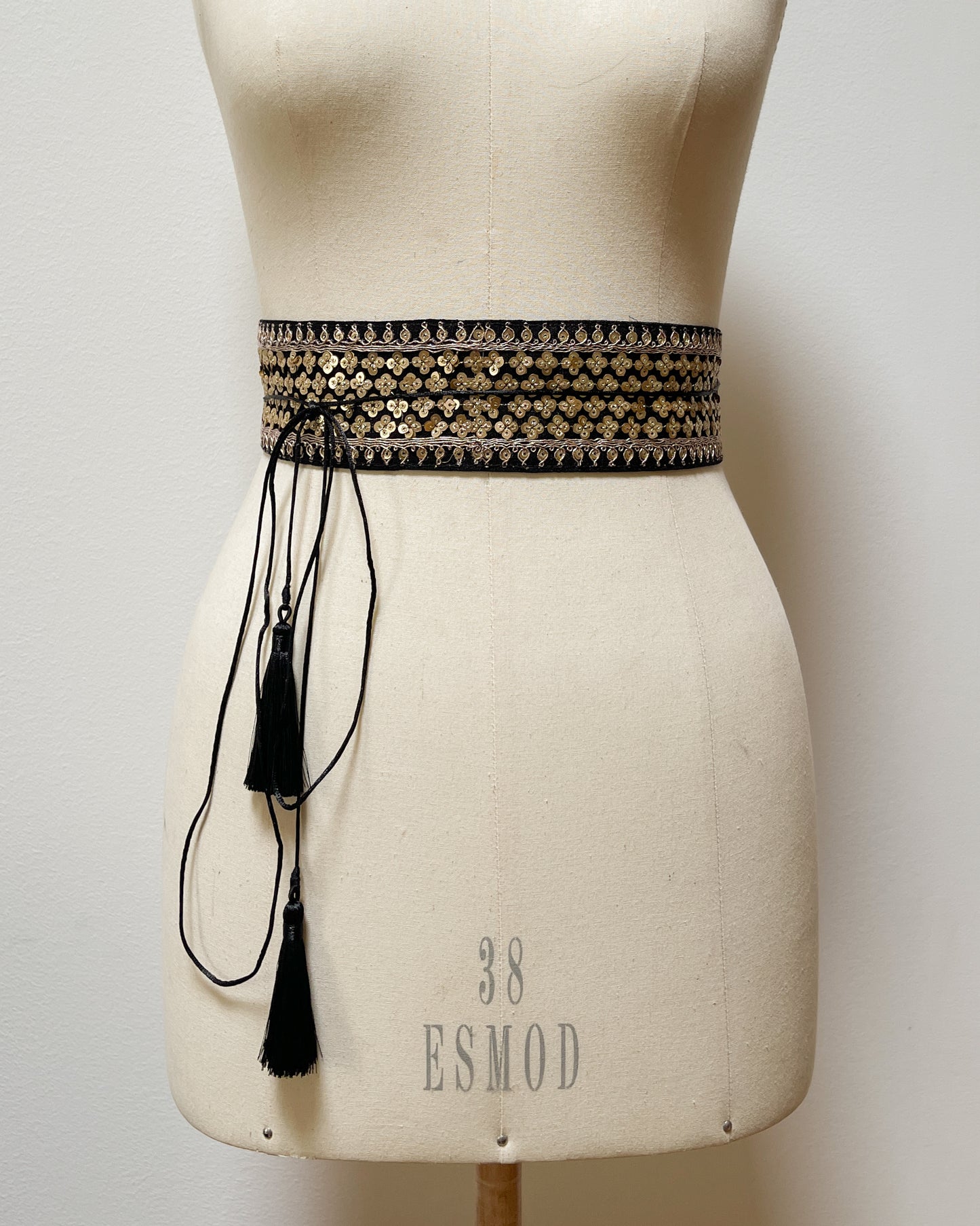 Black bohemian embroidered obi belt with tassels