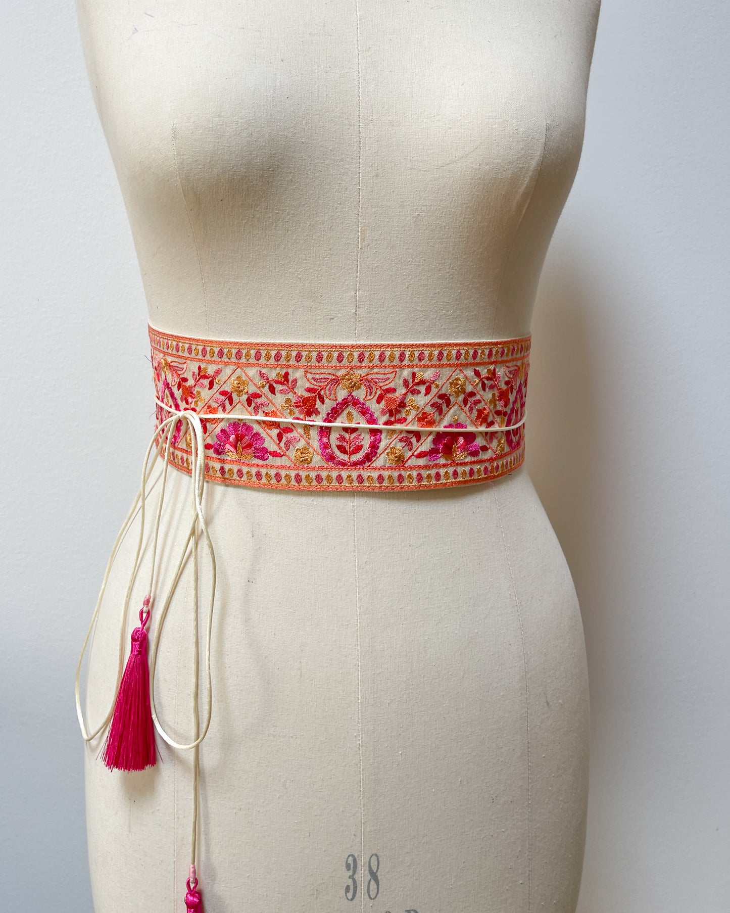 Bohemian embroidered obi belt with tassels