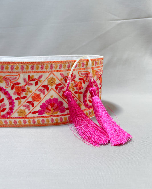 Bohemian embroidered obi belt with tassels