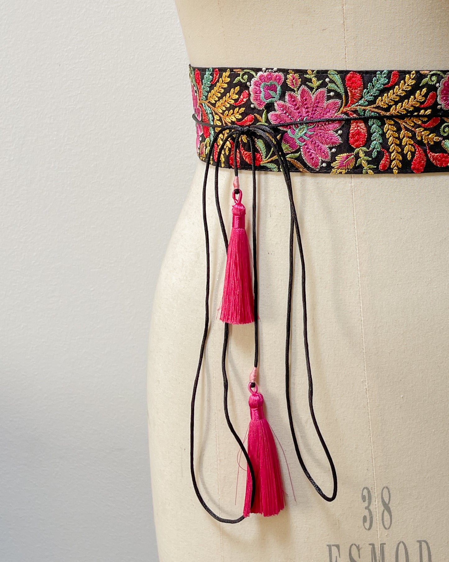 Bohemian embroidered obi belt with tassels