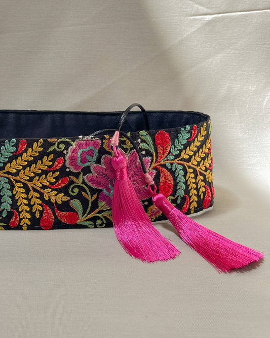 Bohemian embroidered obi belt with tassels