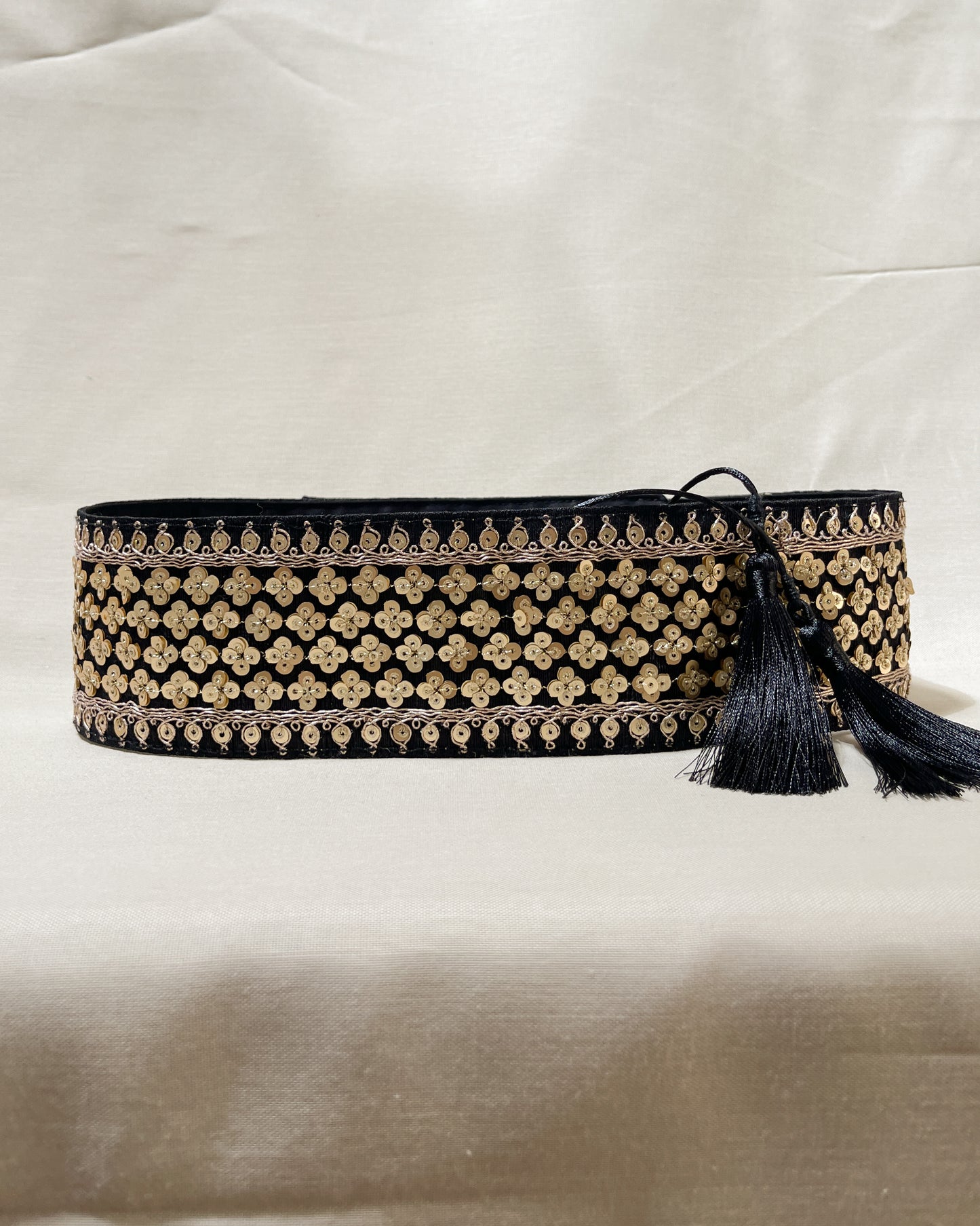 Black bohemian embroidered obi belt with tassels