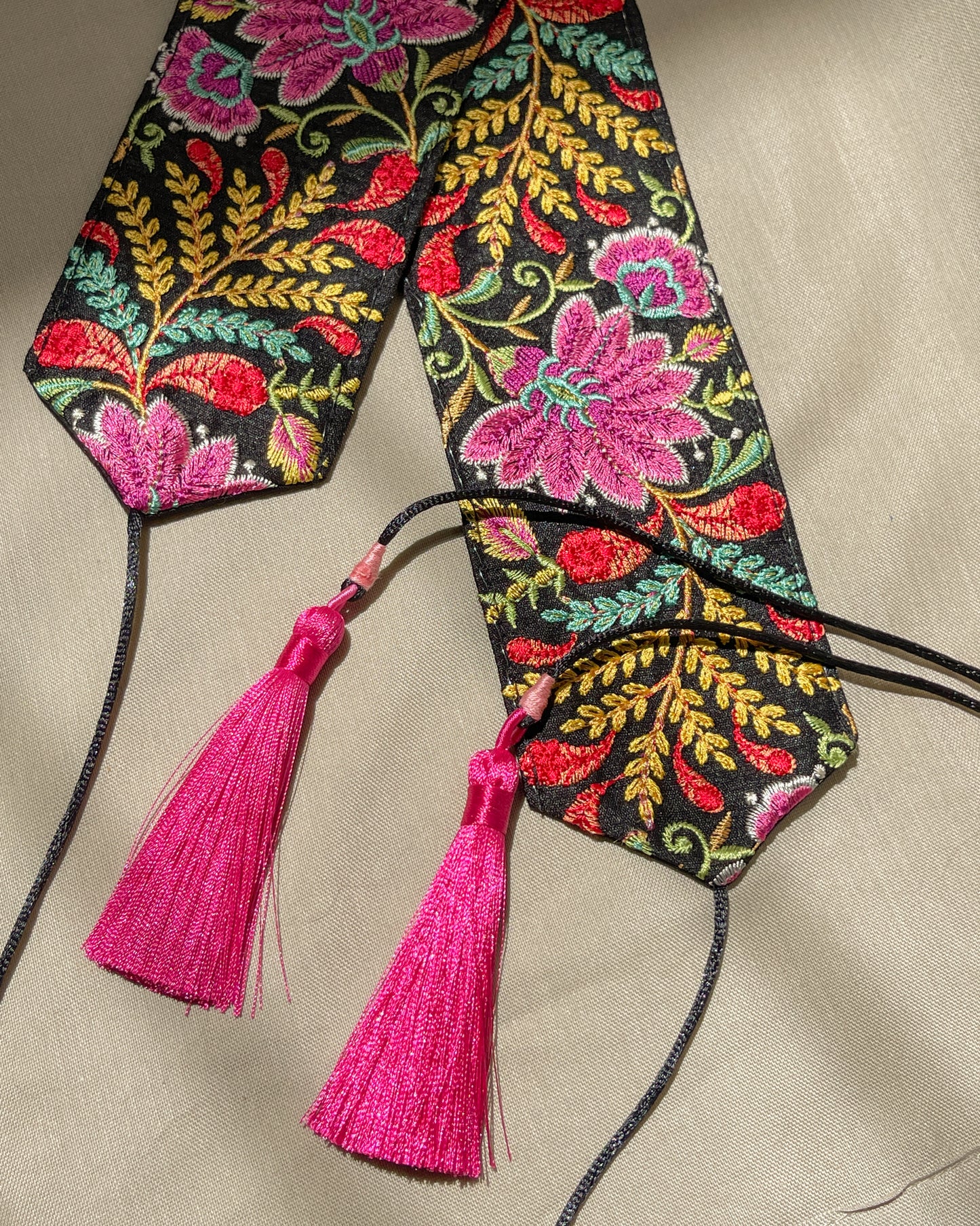 Bohemian embroidered obi belt with tassels