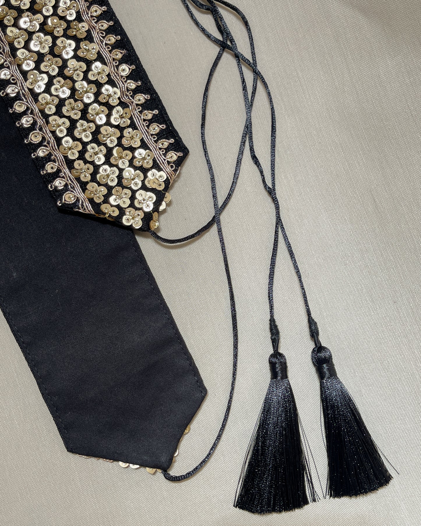 Black bohemian embroidered obi belt with tassels