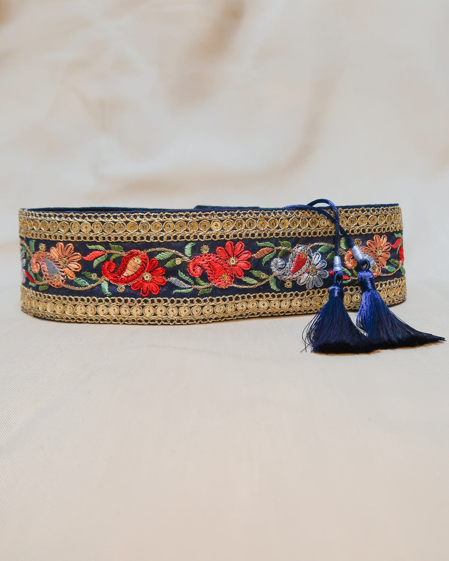 Bohemian embroidered obi belt with tassels