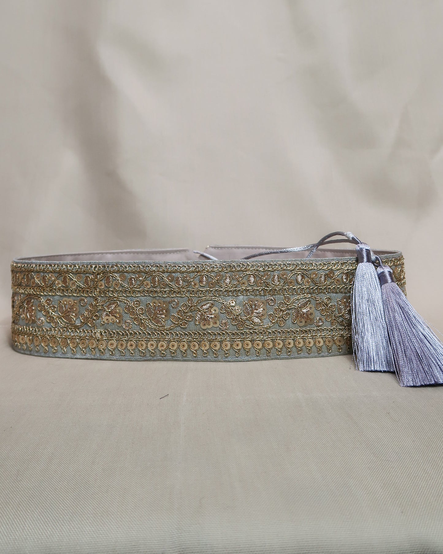 Silver bohemian embroidered obi belt with tassels