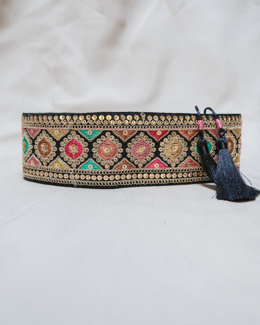 Bohemian embroidered obi belt with tassels