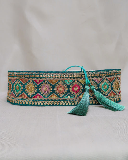 Bohemian embroidered obi belt with tassels