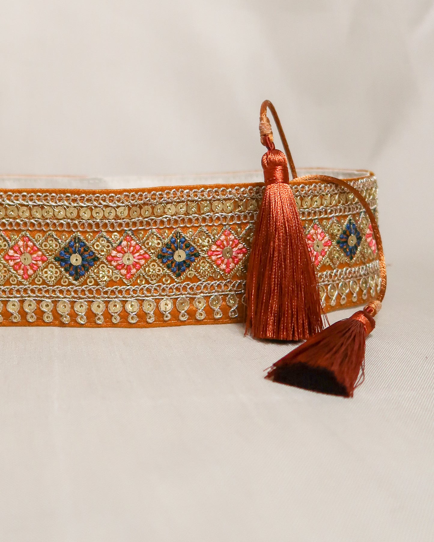 Bohemian embroidered obi belt with tassels