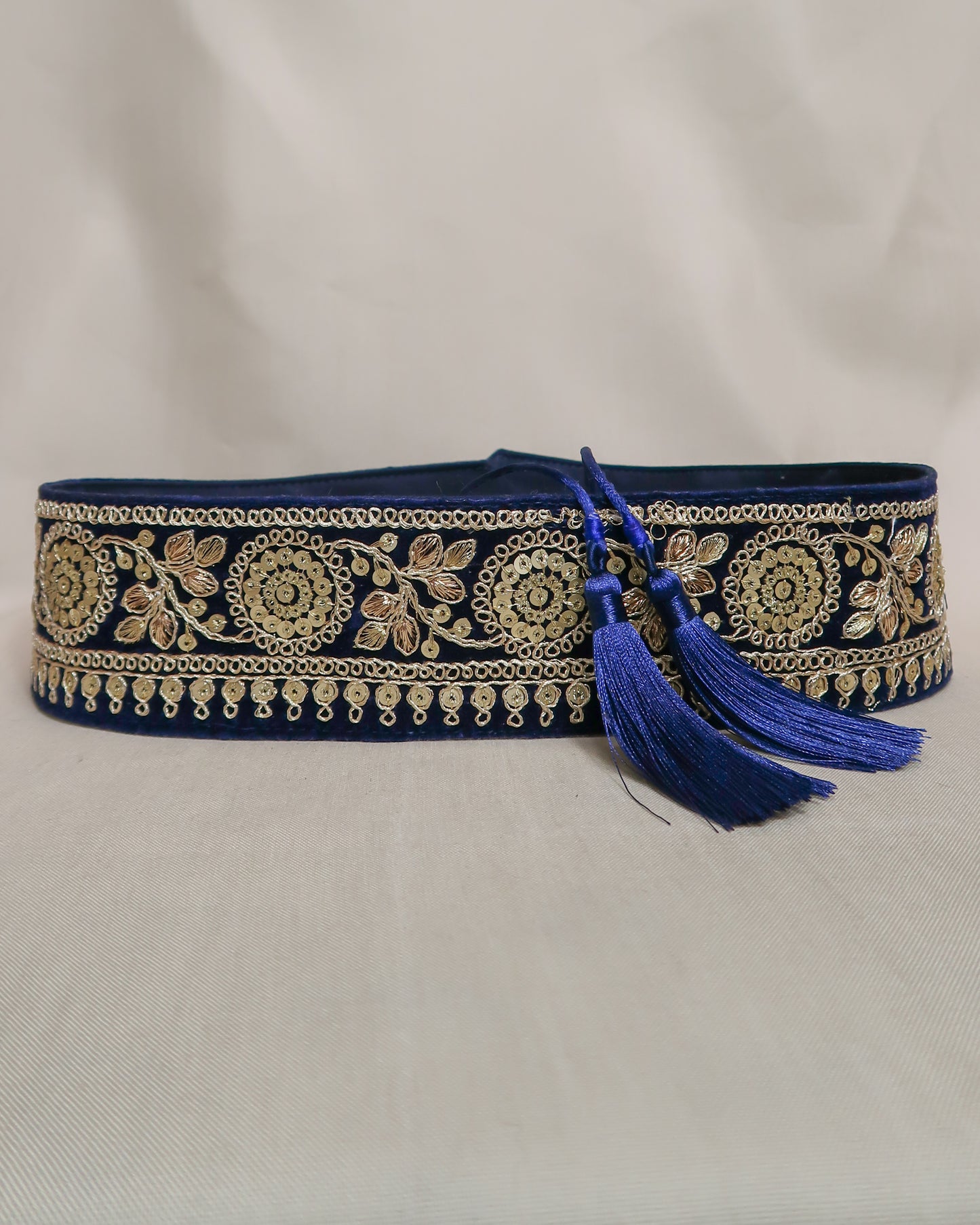 Velvet bohemian embroidered obi belt with tassels