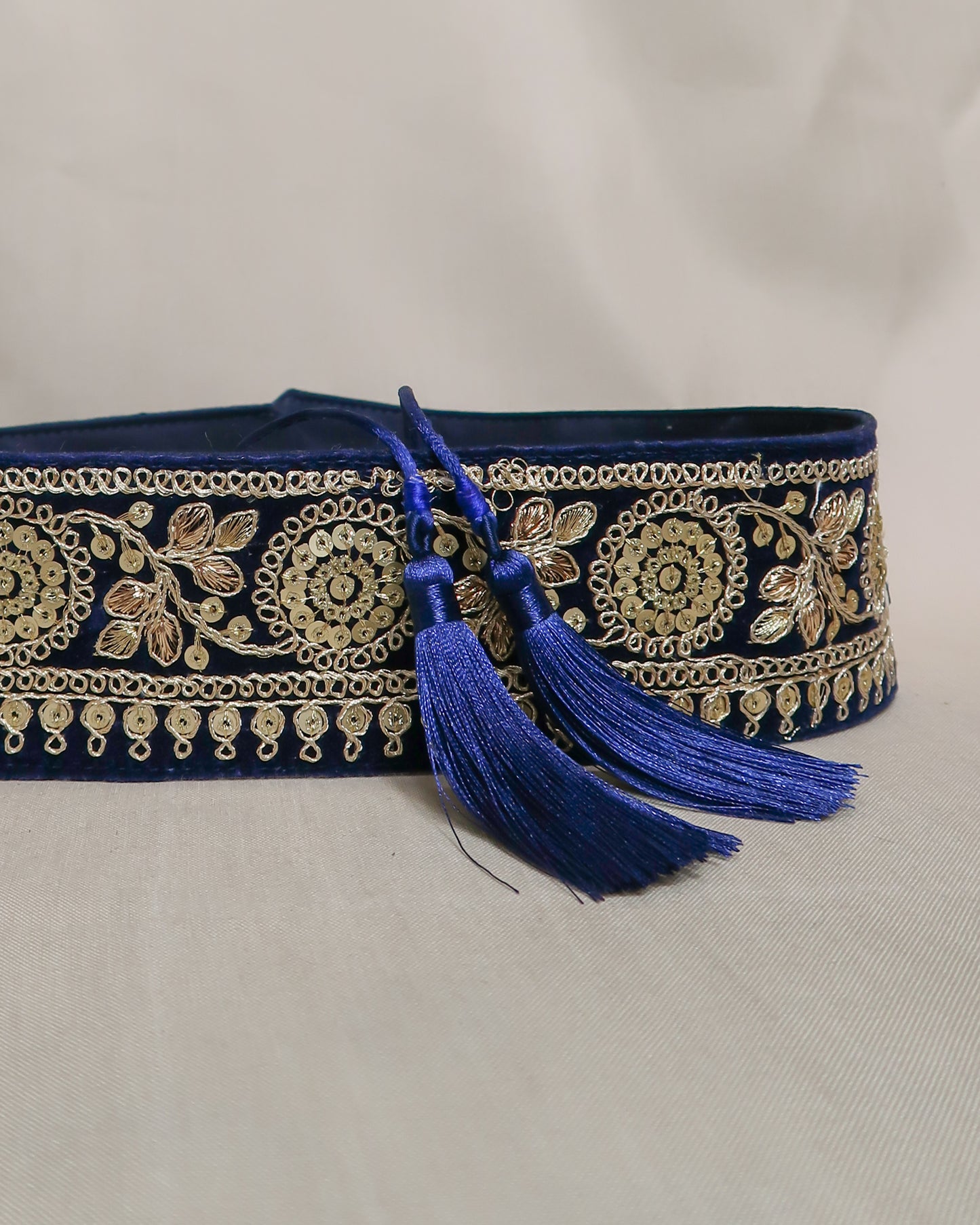 Velvet bohemian embroidered obi belt with tassels