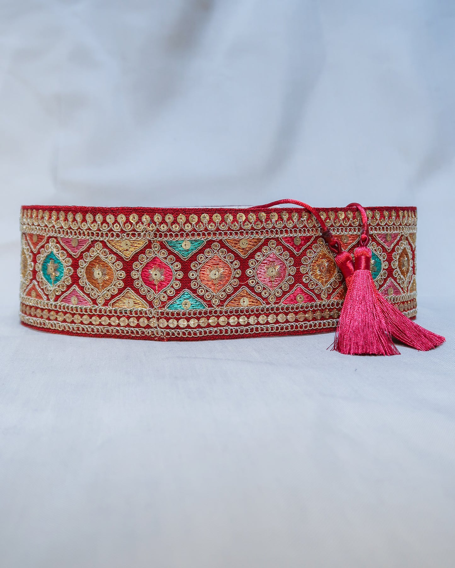 Bohemian embroidered obi belt with tassels