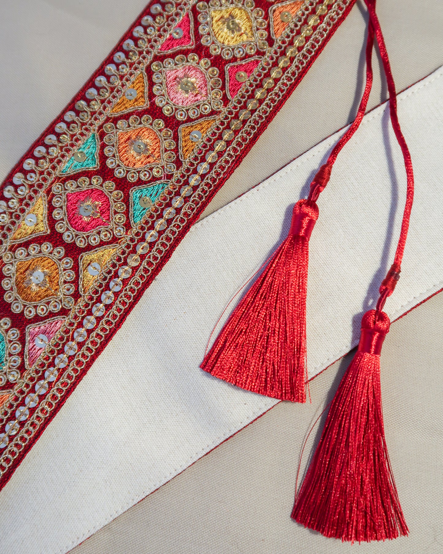 Bohemian embroidered obi belt with tassels