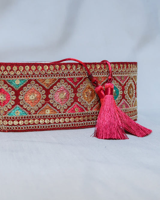 Bohemian embroidered obi belt with tassels