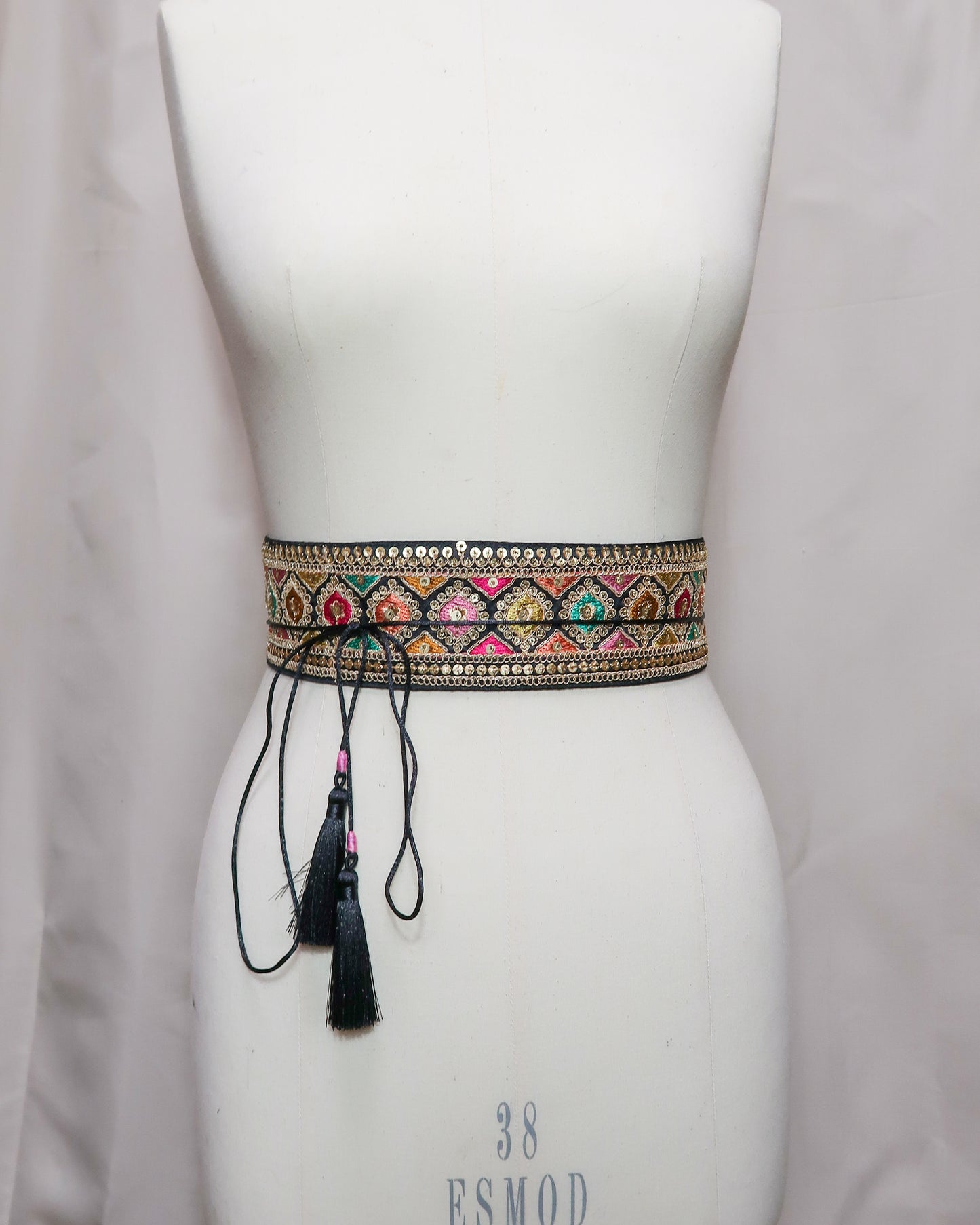 Bohemian embroidered obi belt with tassels