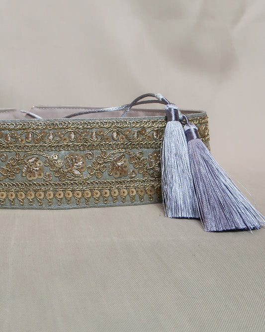 Silver bohemian embroidered obi belt with tassels