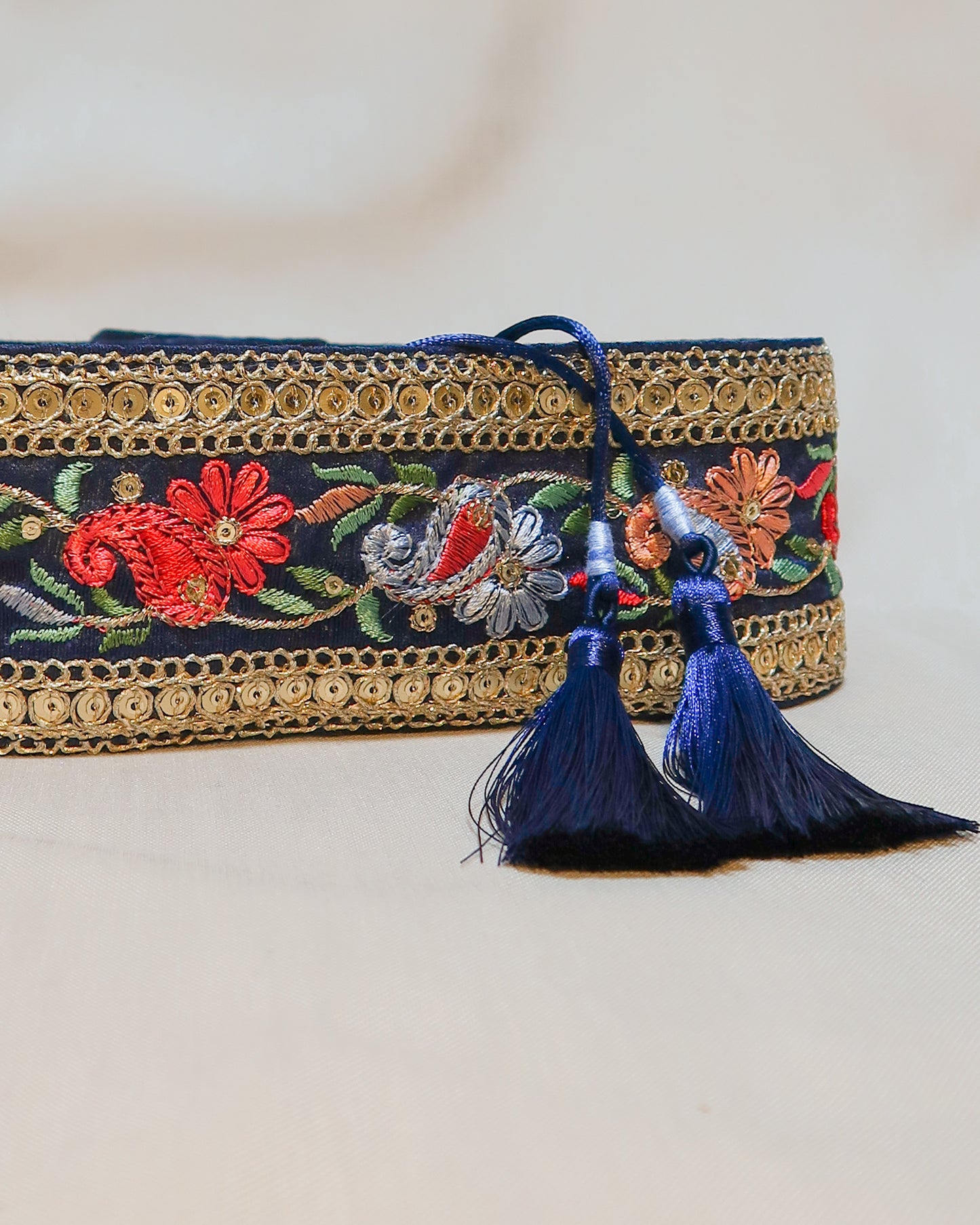 Bohemian embroidered obi belt with tassels