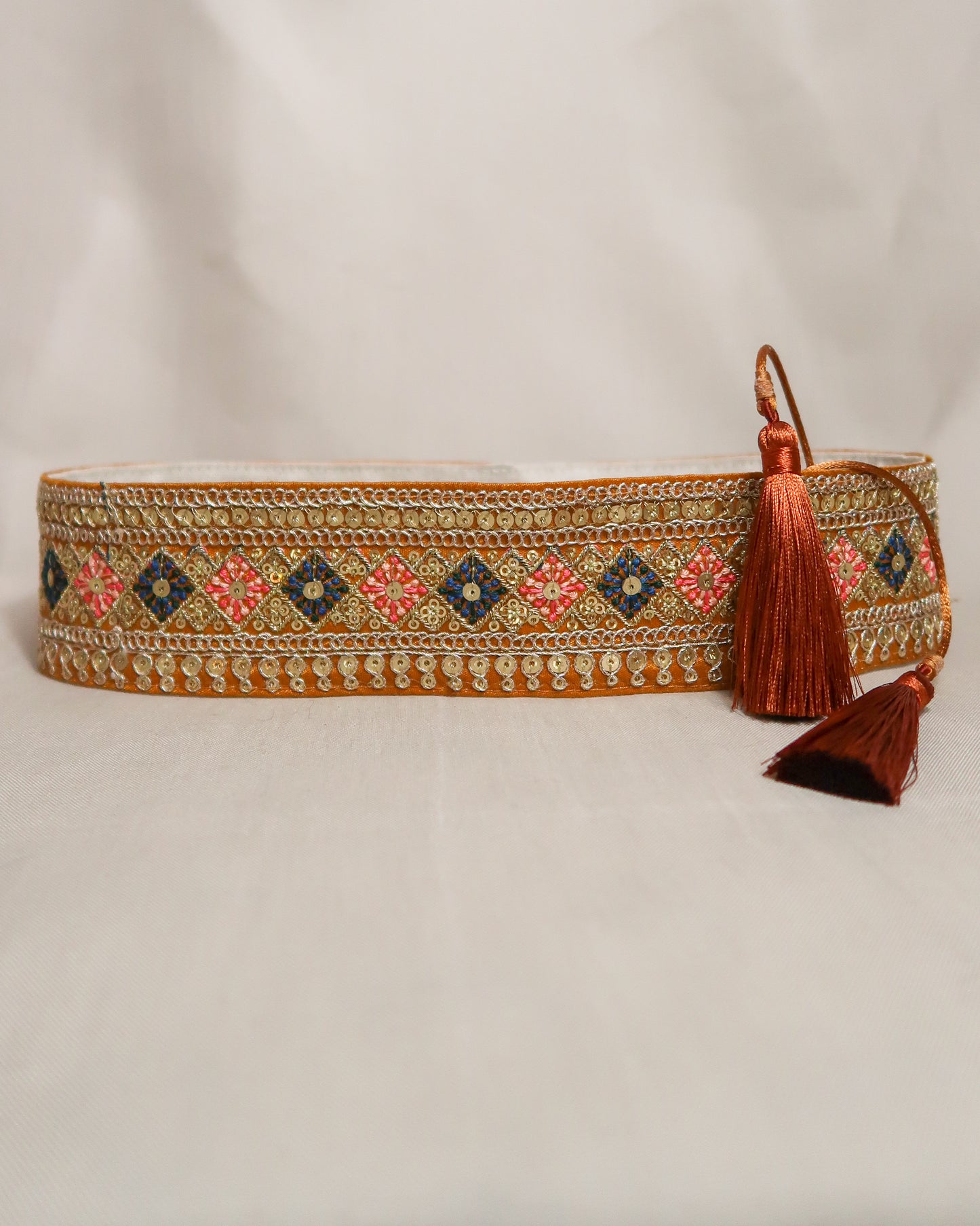 Bohemian embroidered obi belt with tassels