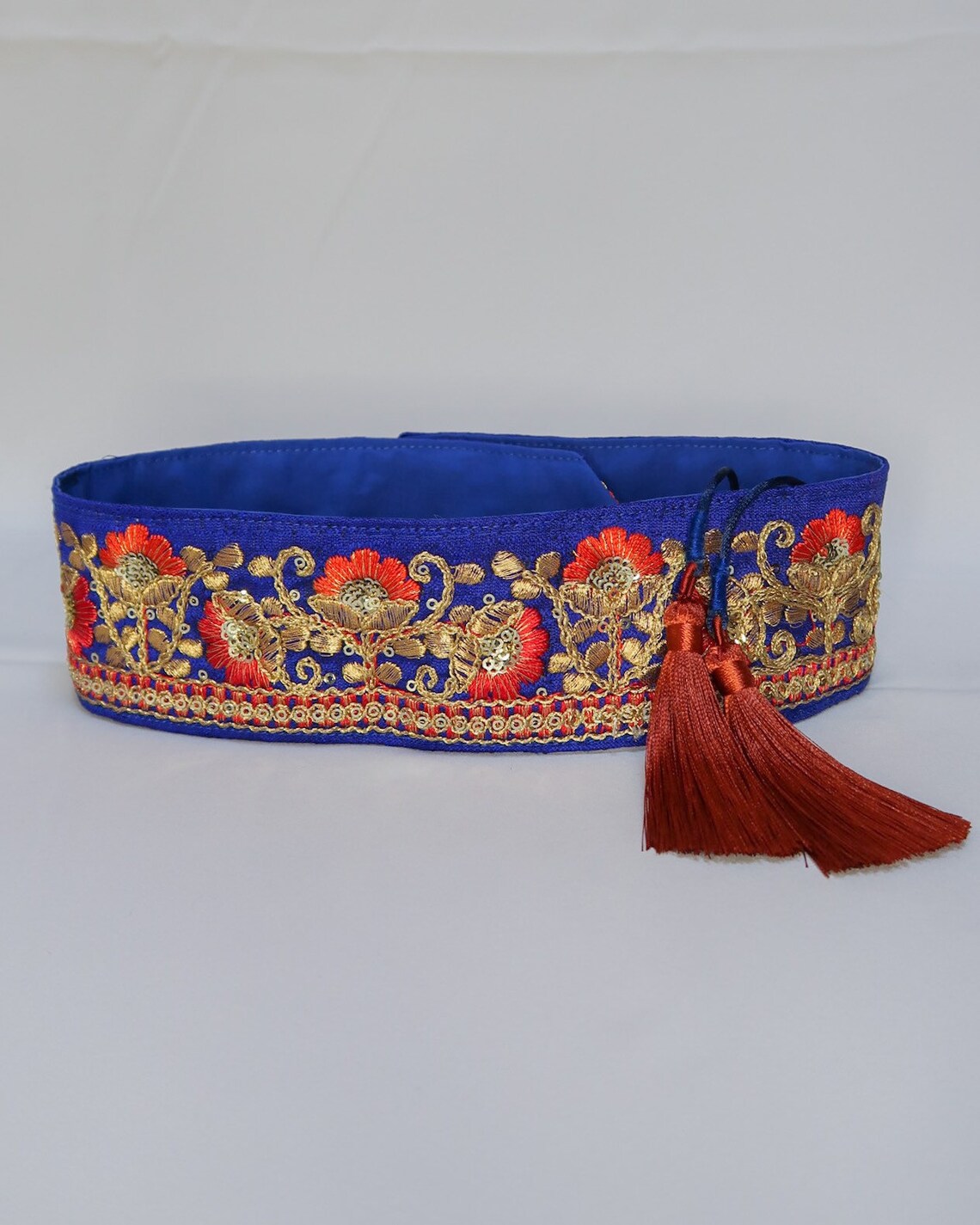 Bohemian embroidered obi belt with tassels