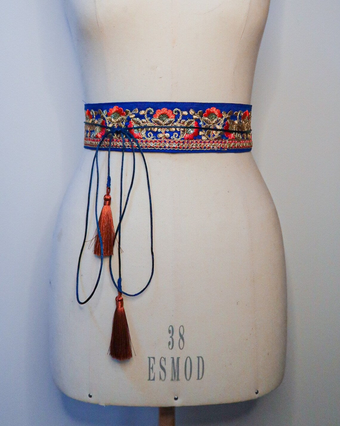 Bohemian embroidered obi belt with tassels