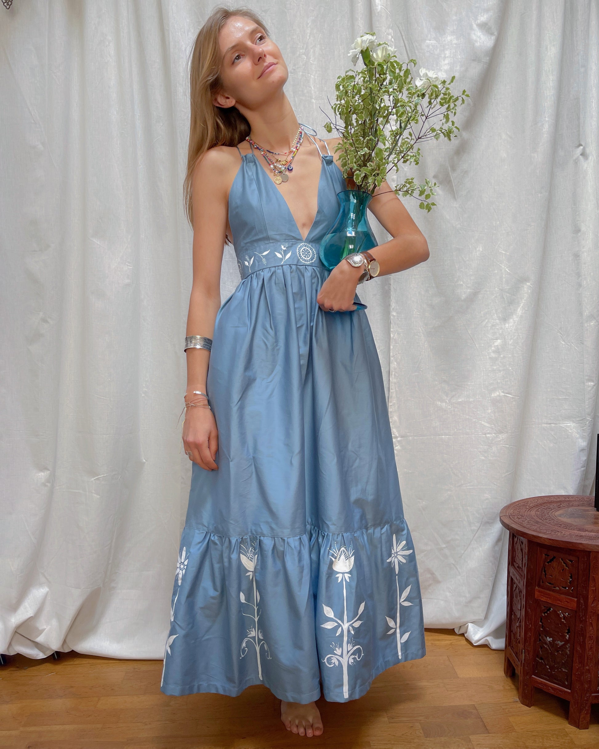 handpainted cotton dress Sabrina Ruffle Hand Painted Flora Print Dress in Silk Cotton M