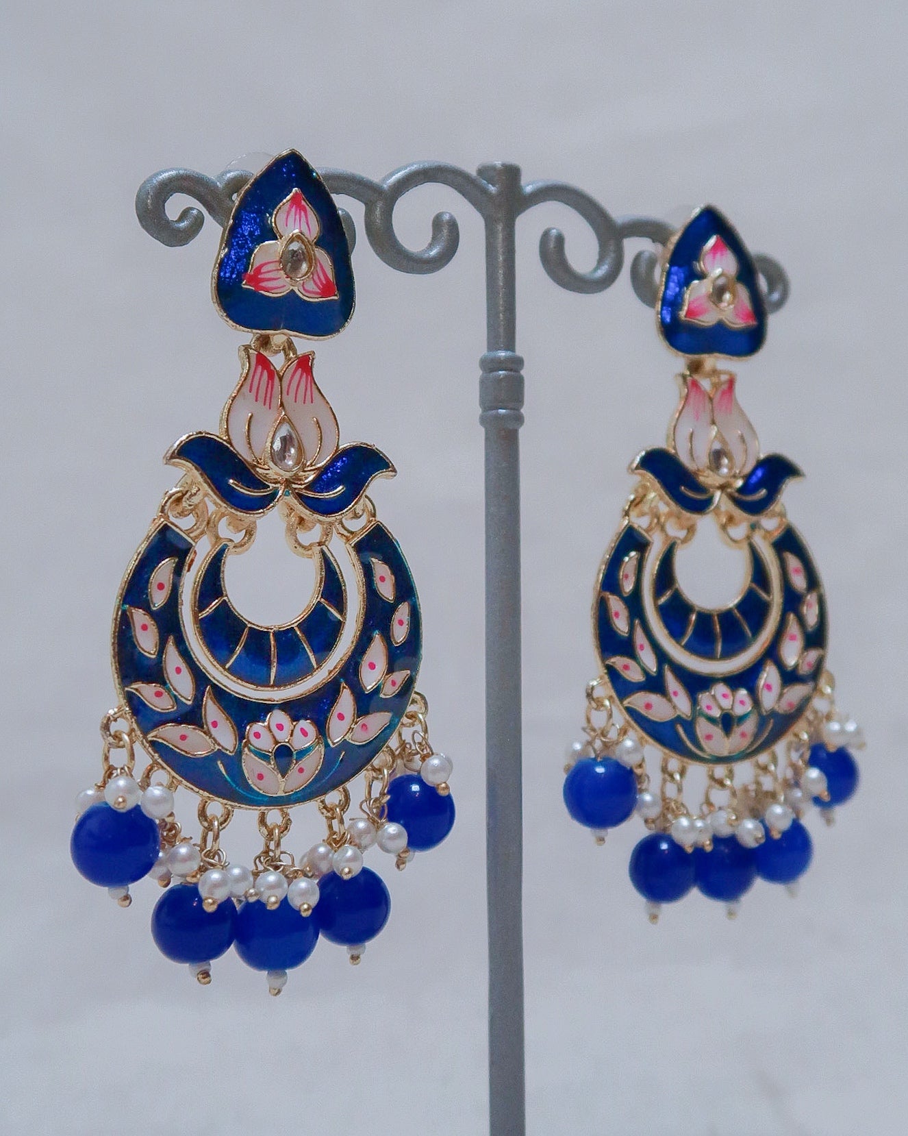 Enamel gold jaipuri earrings | Prussian blue