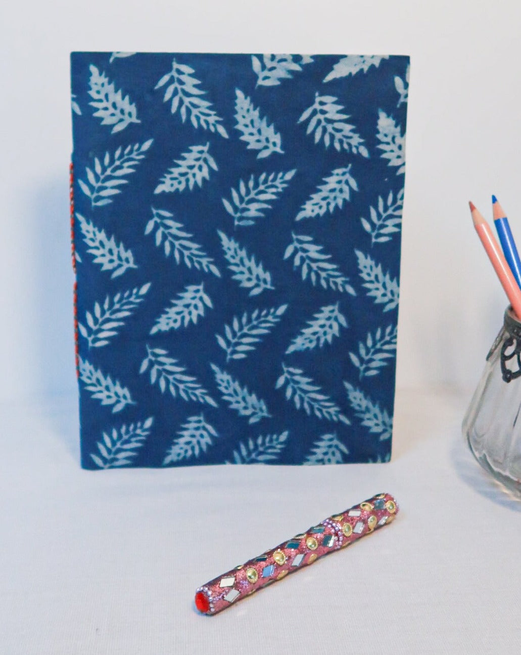 blue block print notebook