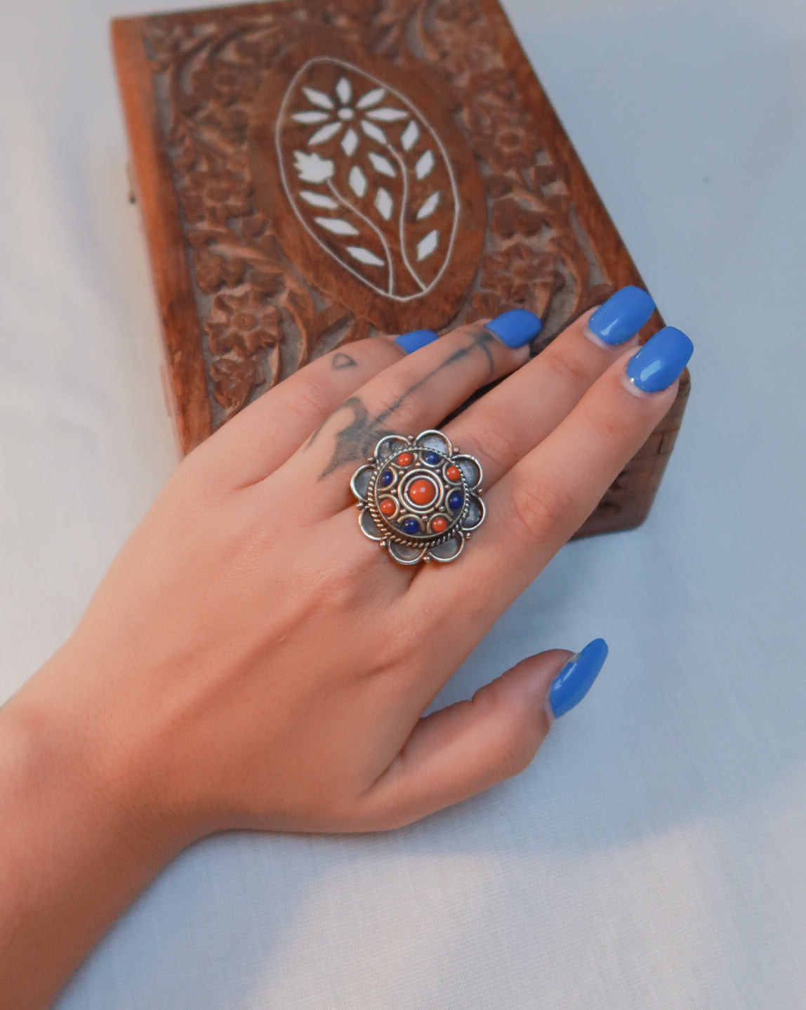 Big tibetan stone ring | Floral dark blue and red