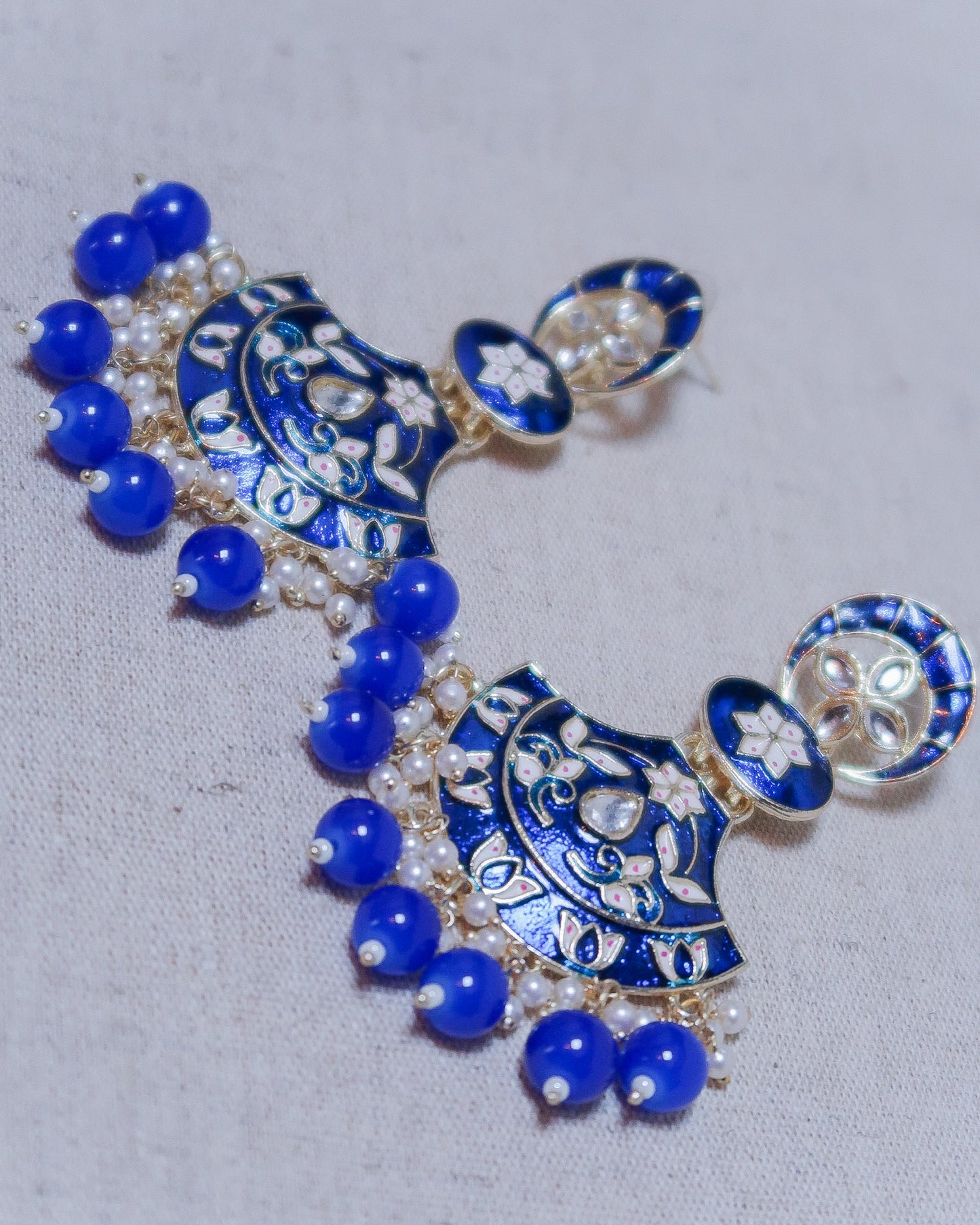 Enamel gold jaipuri earrings | Prussian blue