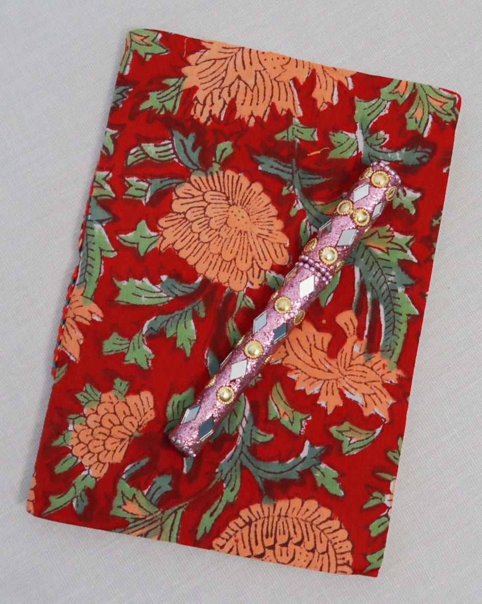 Small handmade notebook soft fabric cover | Red with flowers