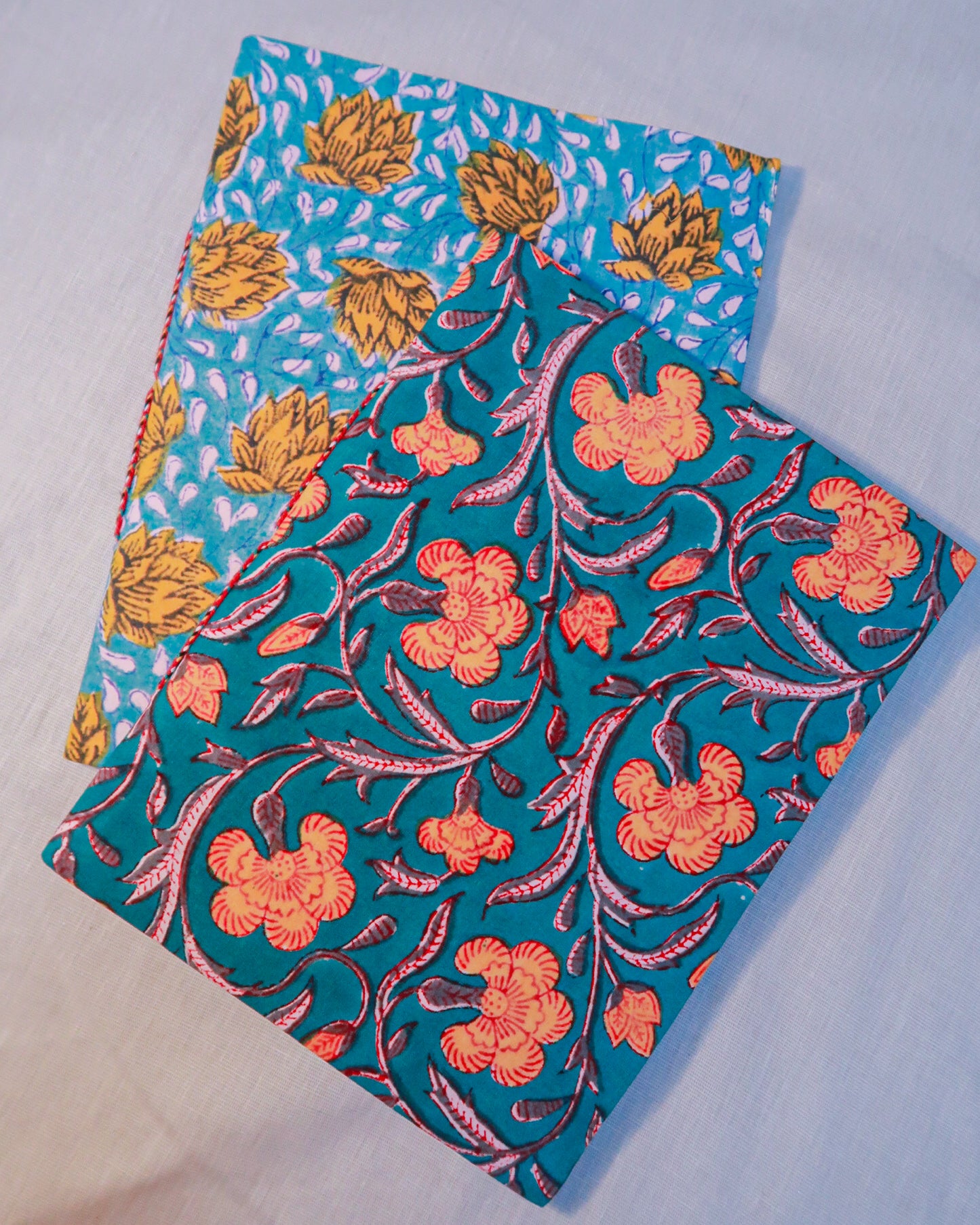 Big handmade block print notebook | Blue with flowers