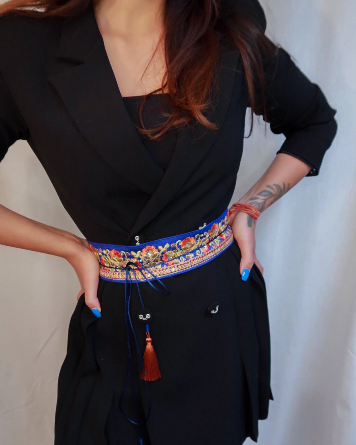 Bohemian embroidered obi belt with tassels