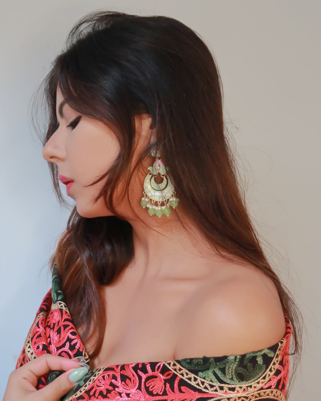 Enamel gold jaipuri earrings | Light green