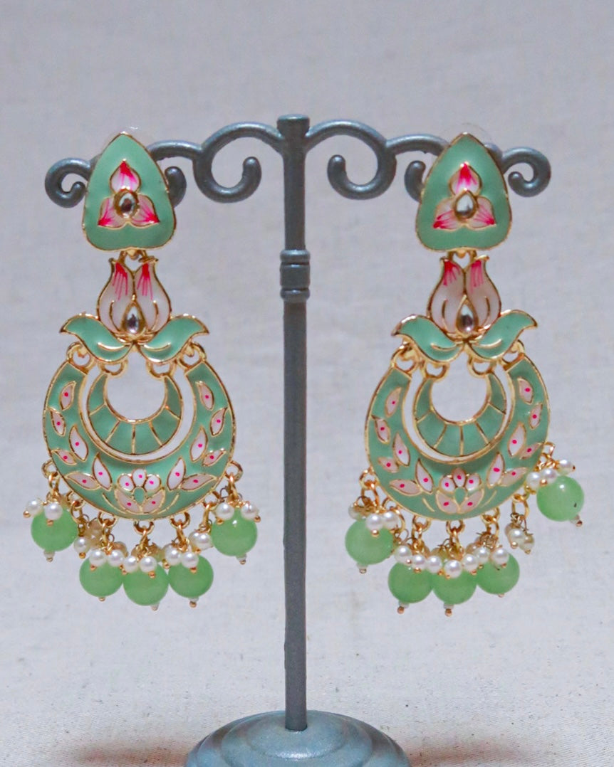 Enamel gold jaipuri earrings | Light green