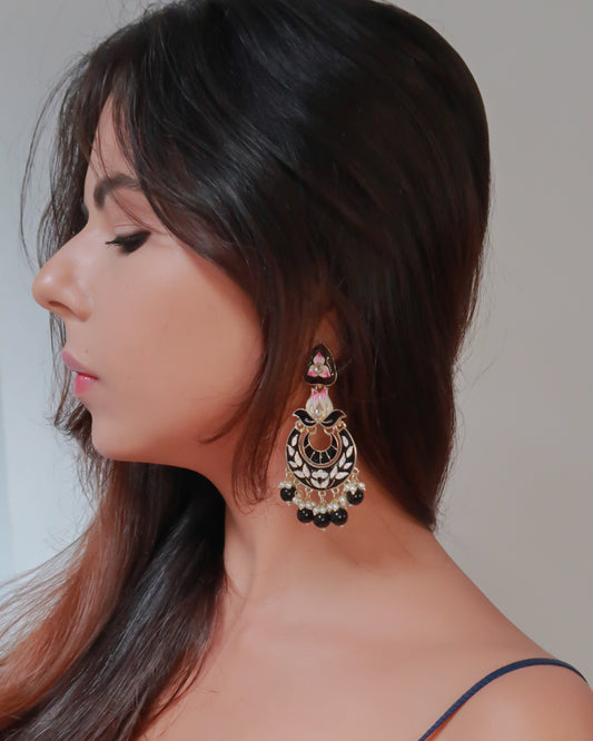 Enamel gold jaipuri earrings | Black